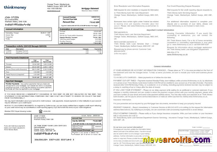 United Kingdom Think Money bank mortgage statement